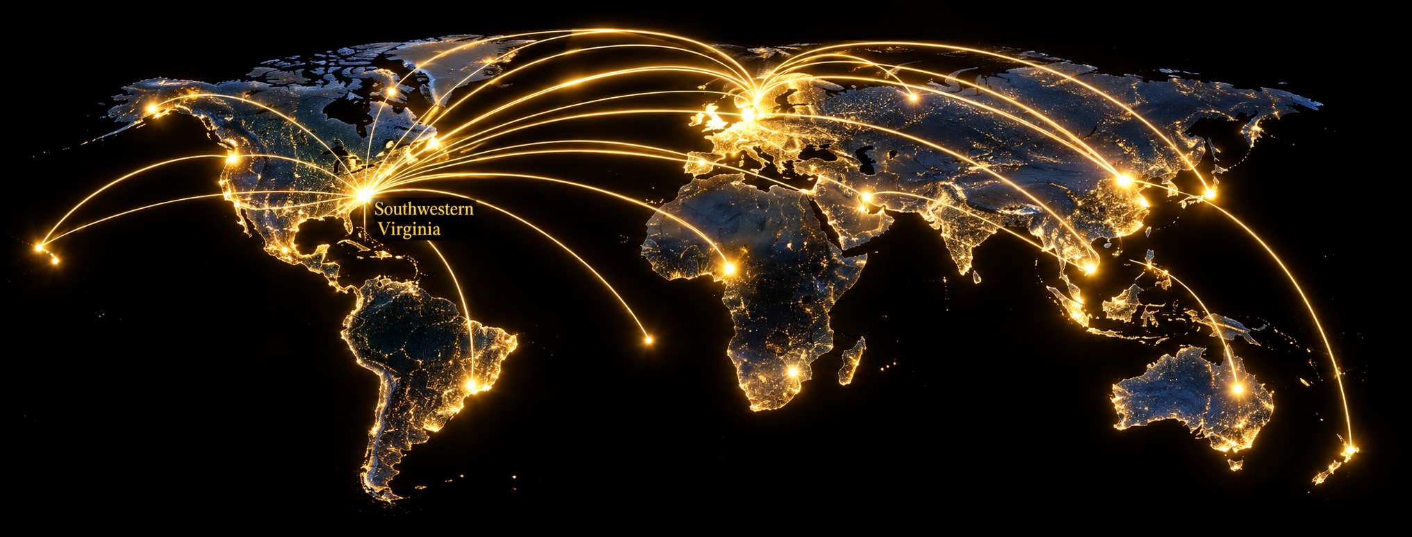 Worldwide Image with arrows going all over the world starting from Southwestern Virginia.