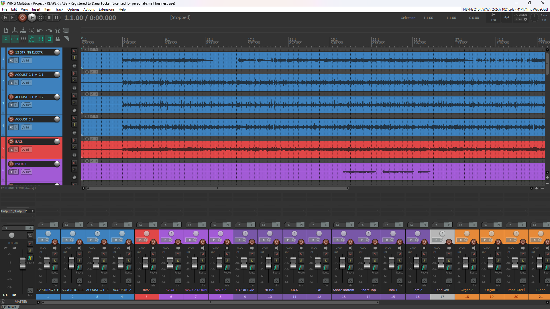 WING Multitrack Manager REAPER project showing automatically named and color-coded Behringer WING audio tracks.